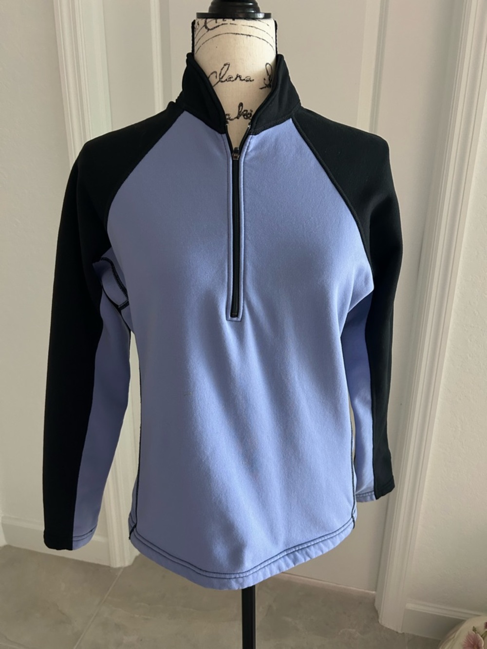 REI woman’s Half-Zip Performance Sweater - Light Blue & Black